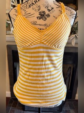 Y2K Vintage Yellow White Striped Racerback Cotton Tank Top Ruffles V-Neck Ruched